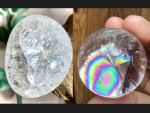 爆裂水晶とアイリスクォーツの比較、爆裂水晶は全体的に白っぽいのが特徴です